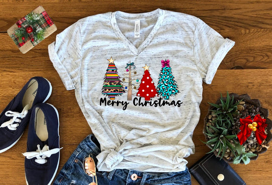 Merry Christmas Dots Serape Wild Trees Christmas Bella Unisex V Neck T-Shirt