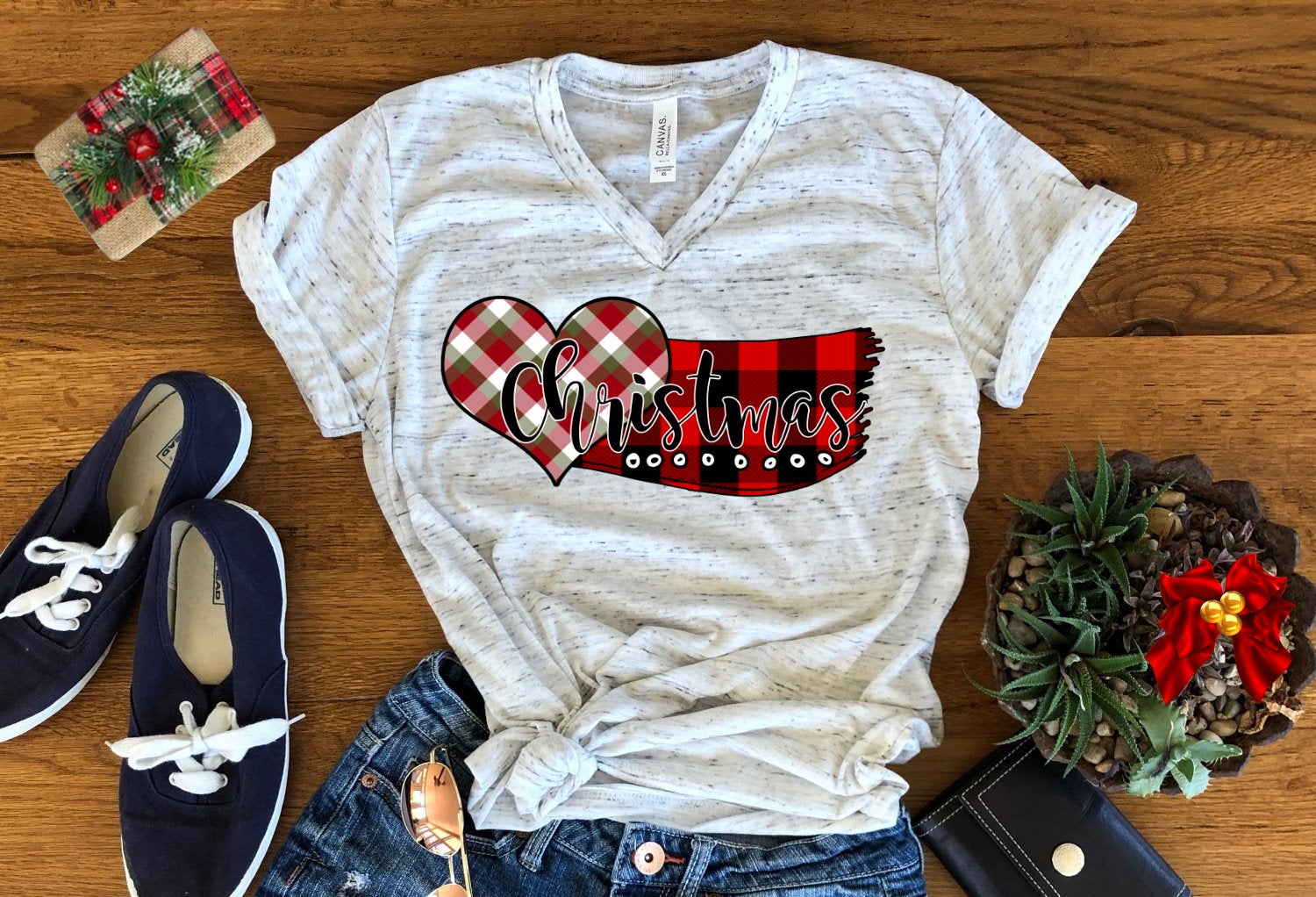 Merry Christmas Buffalo Plaid Heart Bella Unisex V Neck T-Shirt