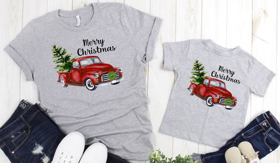 Merry Christmas Old Red Truck Trees Adult Kids Toddler Long Sleeve Shirt
