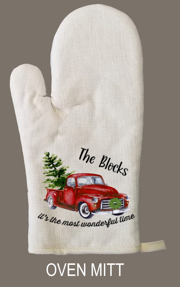 Personalized Oven Mitt & Pot Holder Set, Most Wonderful Time Christmas Gift Set Oven Mitts, Gifts for Mom, Christmas Truck