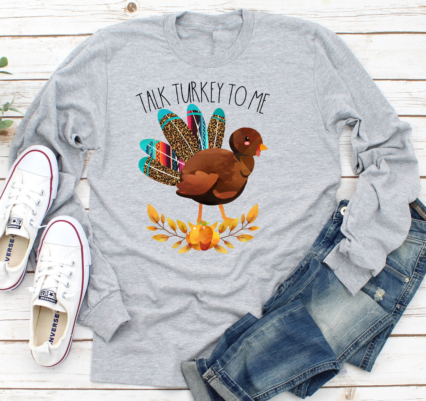 Talk Turkey To Me Leopard Thanksgiving Autumn Hay Ride Orchard Adult Kids Toddler Long Sleeve Shirt