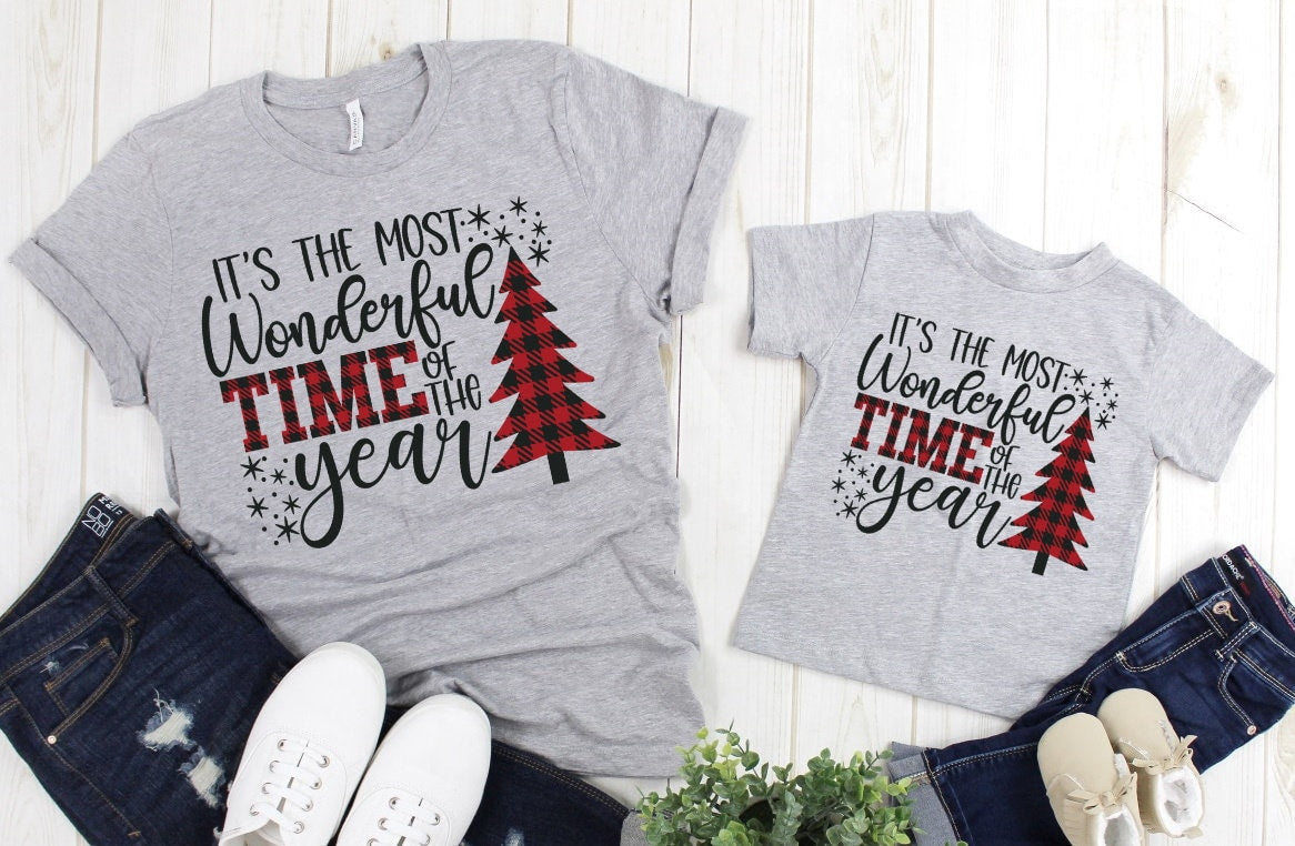 Most Wonderful Time Of The Year Family Shirts Buffalo Plaid Christmas Tree Tee Adult Kids Toddler Baby Shirt