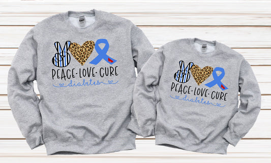 Peace Love Cure Type One Diabetes Awareness Adult Kids Shirt Long Sleeve Sweatshirt Gray Shirt Sweater