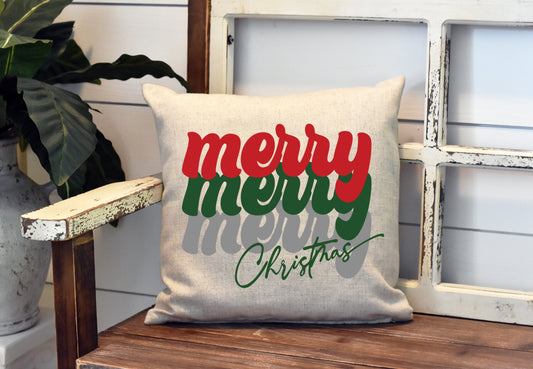 Merry Merry Merry Christmas Pillow Cover - Retro Font - Christmas Decorations Farmhouse Decor Throw Pillow Cover