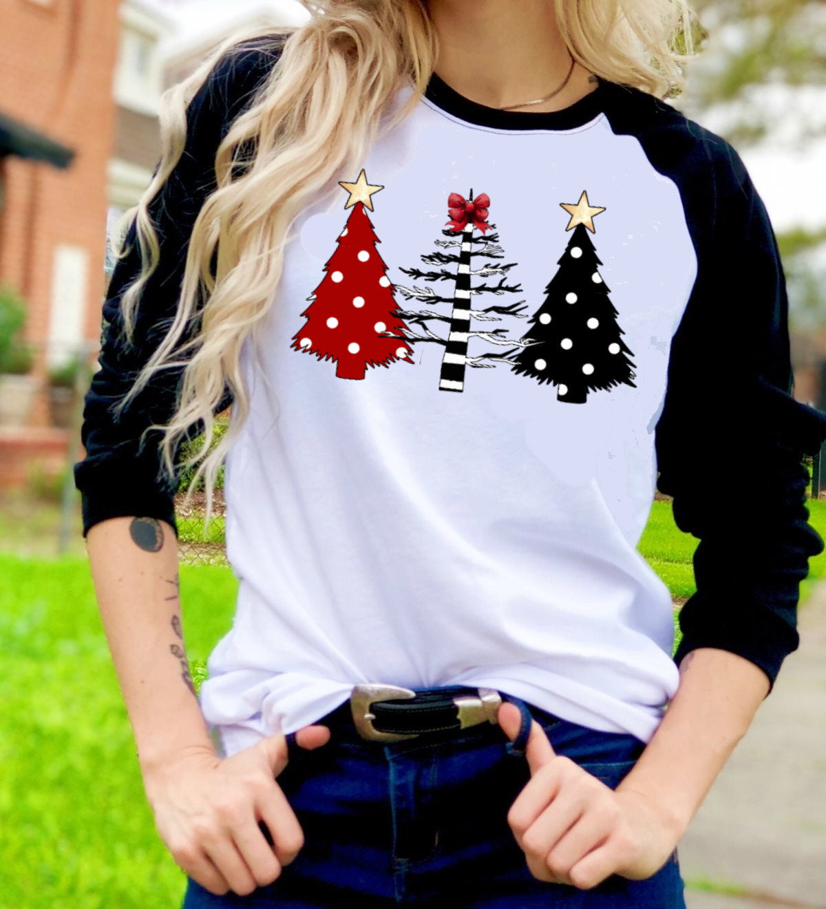 Wild Christmas Trees Polka Dots t-shirt Raglan shirt Novelty Graphic Tee T-Shirt Raglan