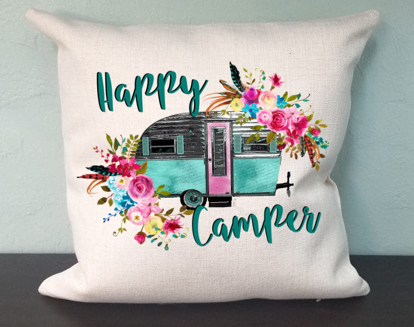 Happy Camper Floral Pillow Cover - Watercolor Travel Trailer - Camping RV Farmhouse Decor Throw Pillow Cover