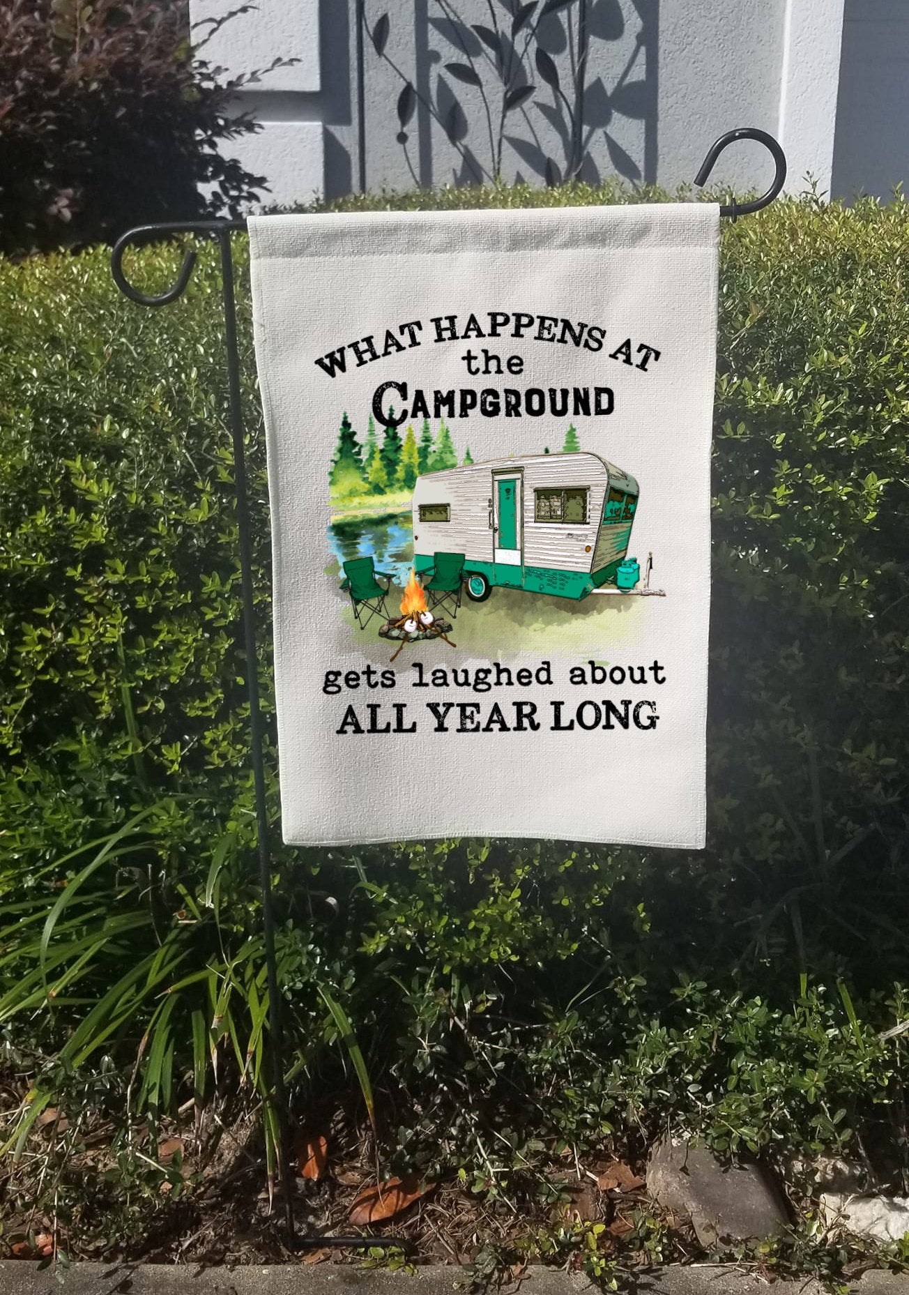 What Happens At The Campground Camper Large Garden Flag - Funny Camping Camper Sign - Camp Decorations Farmhouse Decor Large Linen Flag