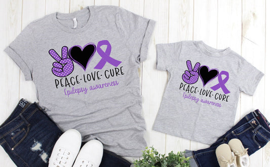 Peace Love Cure Epilepsy Awareness Adult Kids Toddler Baby Shirt