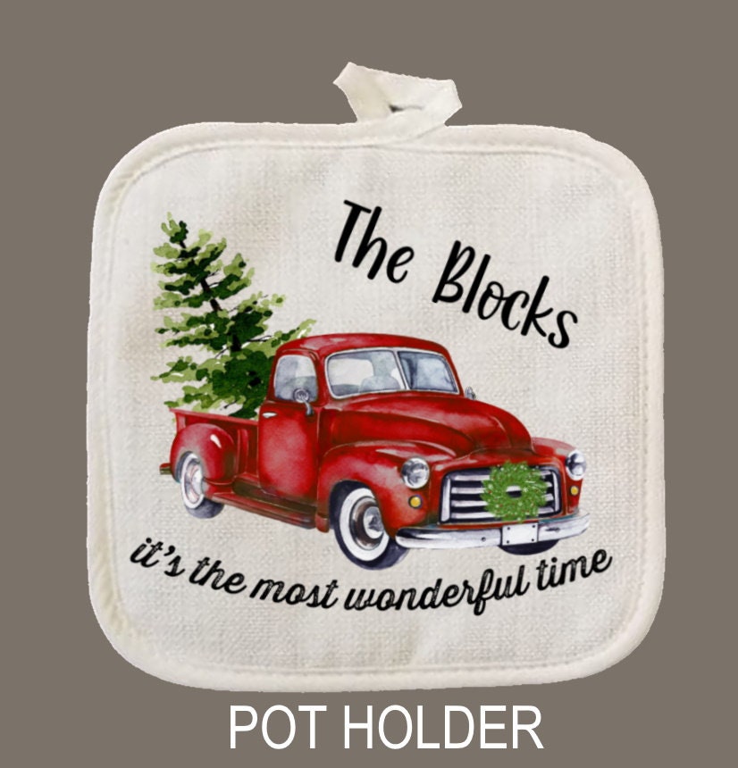 Personalized Oven Mitt & Pot Holder Set, Most Wonderful Time Christmas Gift Set Oven Mitts, Gifts for Mom, Christmas Truck