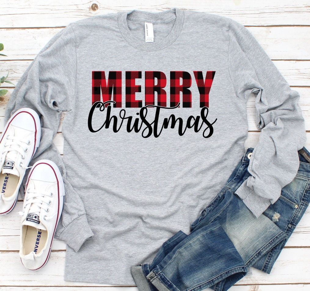 Merry Christmas Buffalo Plaid Family Tee Christmas Adult Kids Toddler Long Sleeve Shirt