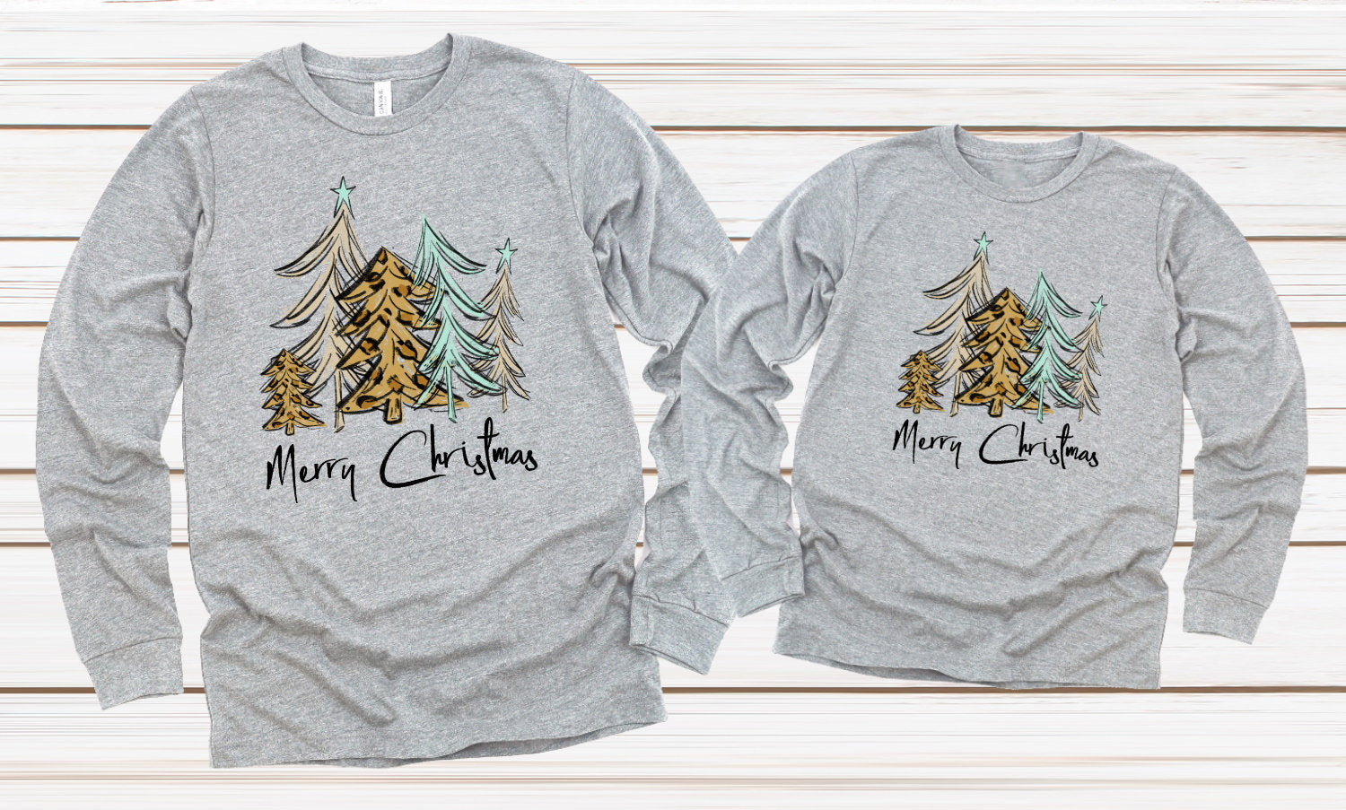 Merry Christmas Leopard Print Christmas Trees Adult Kids Toddler Long Sleeve Shirt