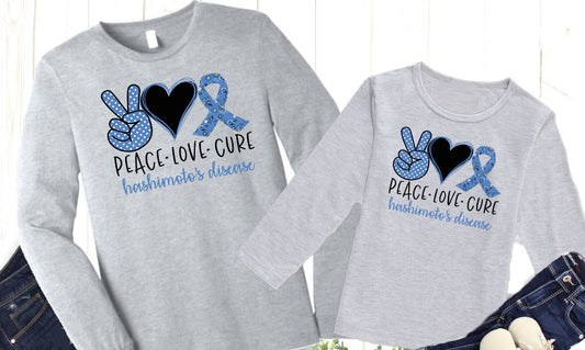 Peace Love Cure Hashimotos Thyroid Disease Awareness Adult Kids Toddler Long Sleeve Shirt