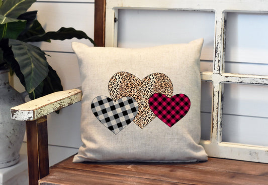 Leopard Buffalo Plaid Hearts Pillow Cover - Valentine&#39;s Day - Valentine Decorations Farmhouse Decor Throw Pillow Cover