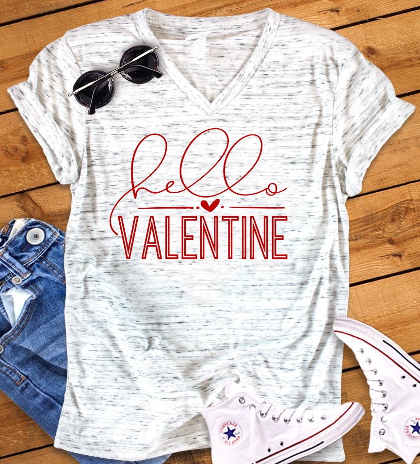 Hello Valentine Hearts Valentine&#39;s Day Bella Unisex V Neck T-Shirt