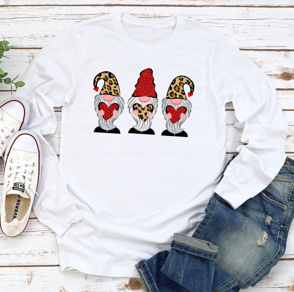 Valentines Leopard Gnomes Hearts Valentine&#39;s Day Gnome Adult Kids Toddler Tee Long Sleeve Shirt