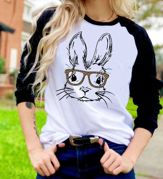 Bunny Rabbit With Leopard Print Glasses Adult Kids Unisex Tee Raglan shirt