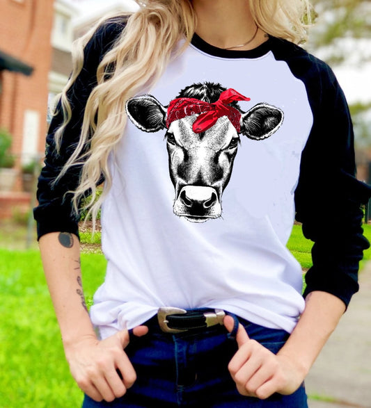 Cow With Red Bandana Farm Heifer  t-shirt Raglan shirt Novelty Graphic Tee T-Shirt Raglan