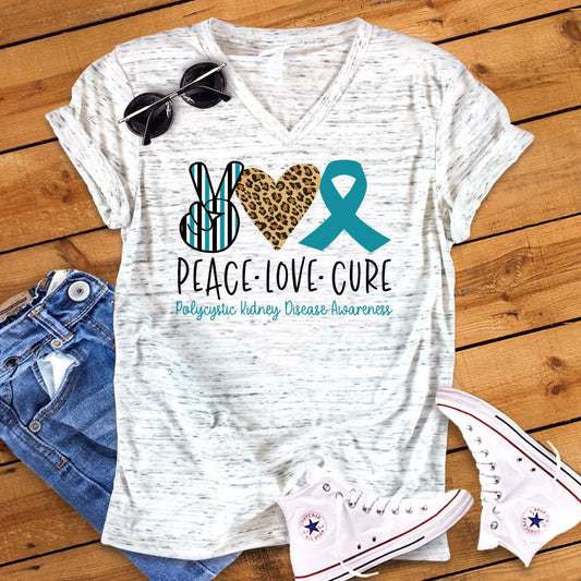 Peace Love Cure Polycystic Kidney Disease Awareness Bella Unisex V Neck T-Shirt