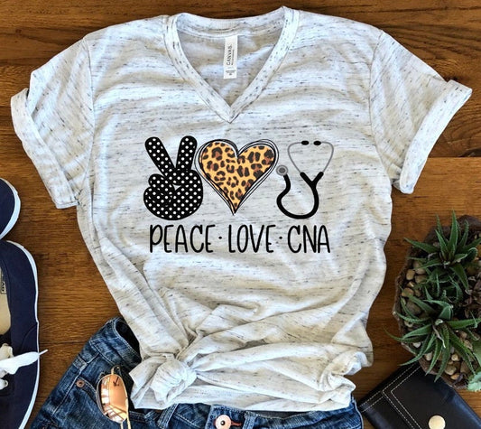 Peace Love CNA Nursing Love Nurse Novelty Graphic Unisex V Neck Graphic Tee T-Shirt