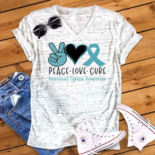 Peace Love Cure Interstitial Cystitis shirt Awareness Bella Unisex V Neck T-Shirt