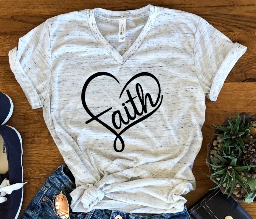 Faith Heart Christian Have Faith Unisex V Neck Graphic Tee T-Shirt