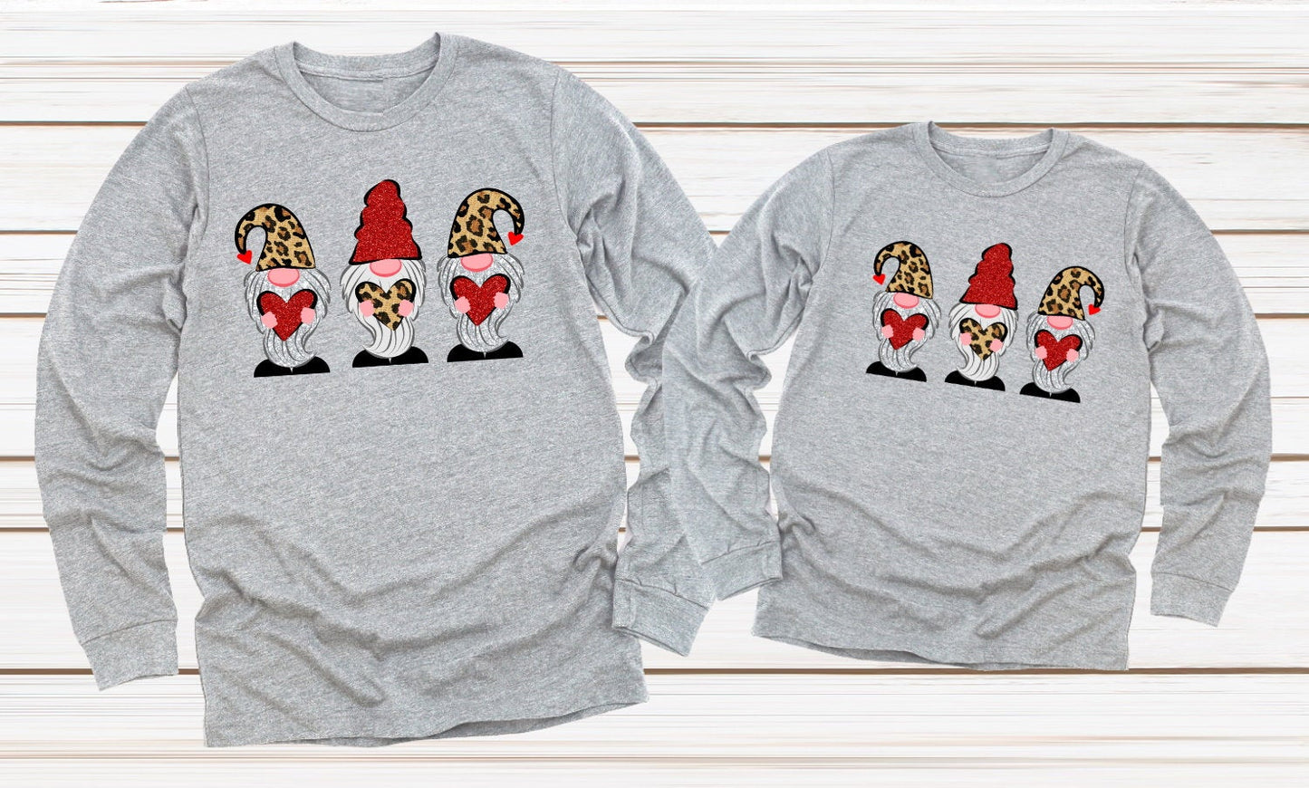 Valentines Leopard Gnomes Hearts Valentine&#39;s Day Gnome Adult Kids Toddler Tee Long Sleeve Shirt