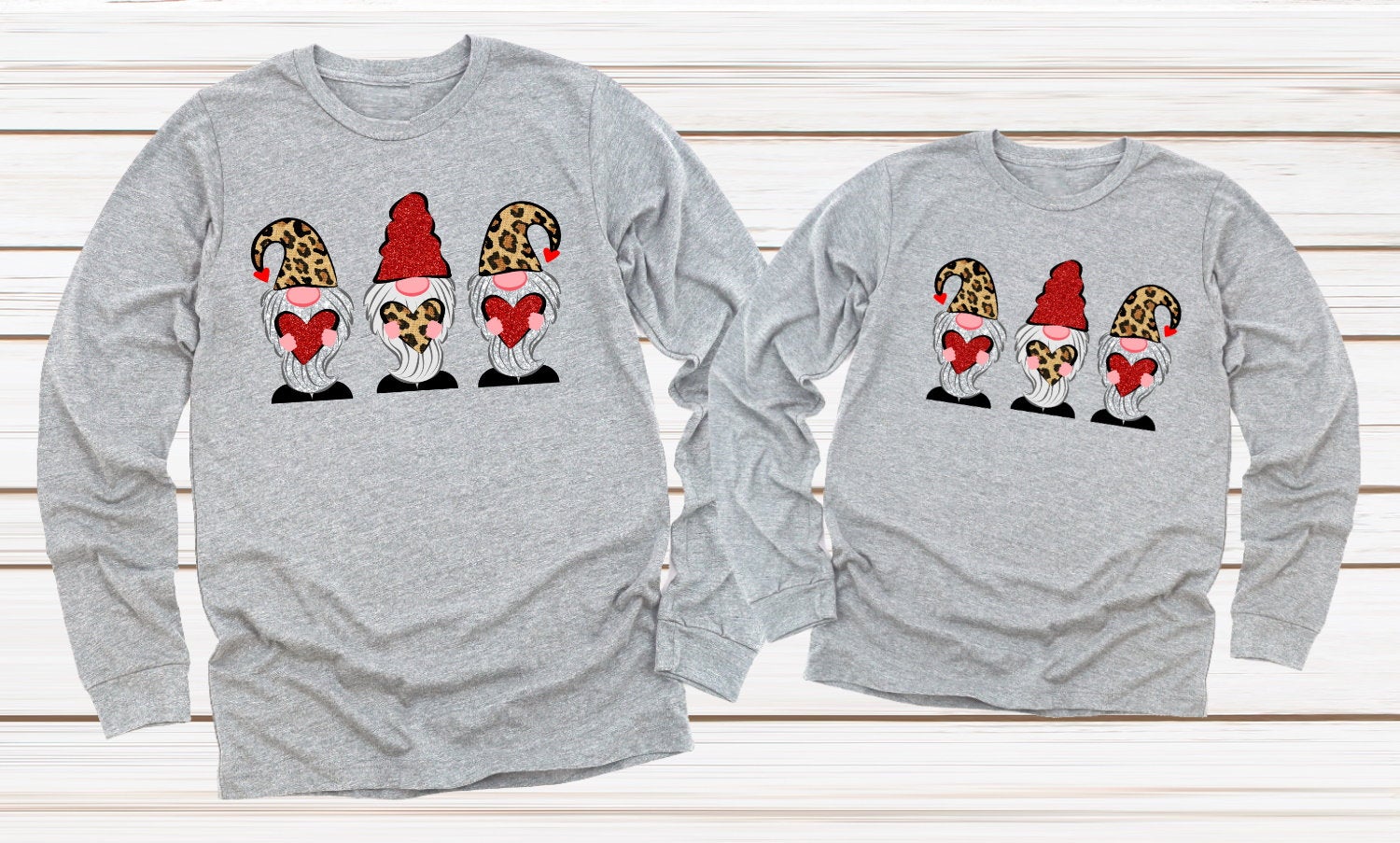 Valentines Leopard Gnomes Hearts Valentine&#39;s Day Gnome Adult Kids Toddler Tee Long Sleeve Shirt