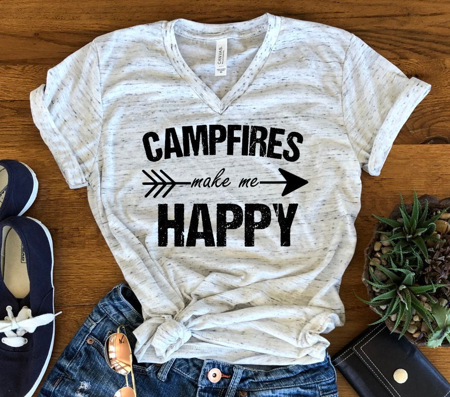 Campfires Make Me Happy Camper Camping RV Unisex V Neck Graphic Tee T-Shirt
