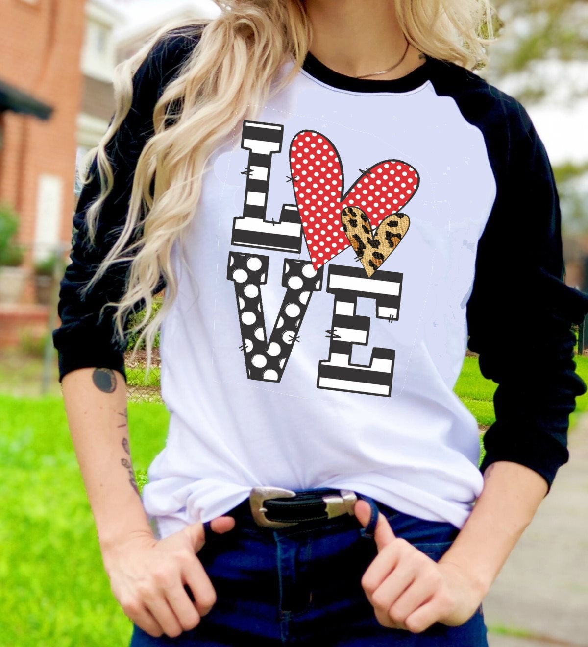 Valentines Love Stacked Leopard Print Hearts Valentine&#39;s Day Tee Raglan shirt