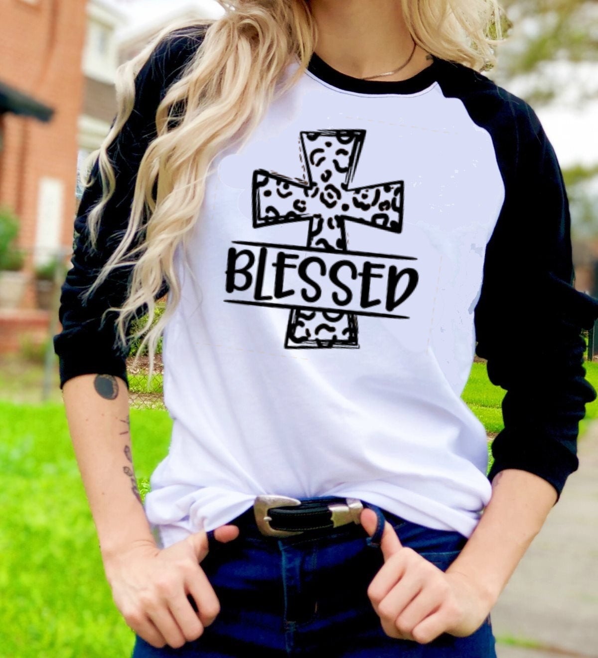 Blessed Leopard Cross t-shirt Raglan shirt Novelty Graphic Tee T-Shirt Raglan