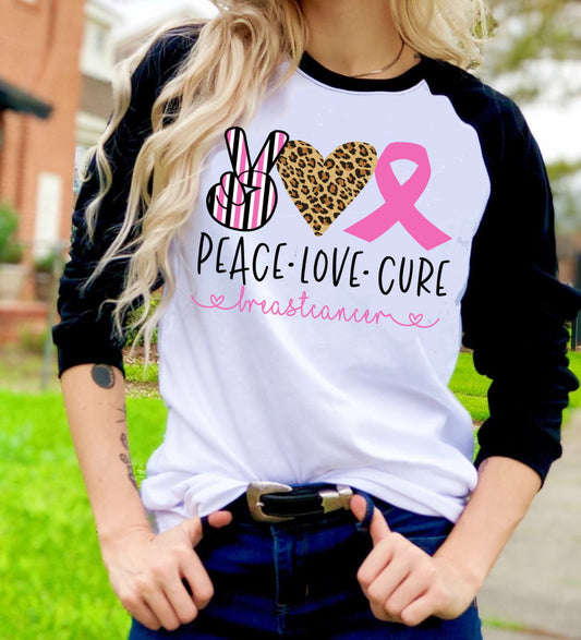 Peace Love Cure Breast Cancer Awareness Adult Kids Toddler Baby Shirt Tee Raglan shirt