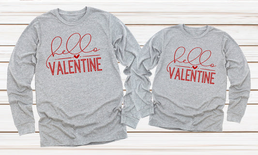 Hello Valentine Hearts Valentine&#39;s Day Shirts Adult Kids Toddler Tee Long Sleeve Shirt