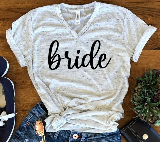 Bride To Be Just Married New Bride Bridal Shower Honeymoon Bella Unisex V Neck T-Shirt