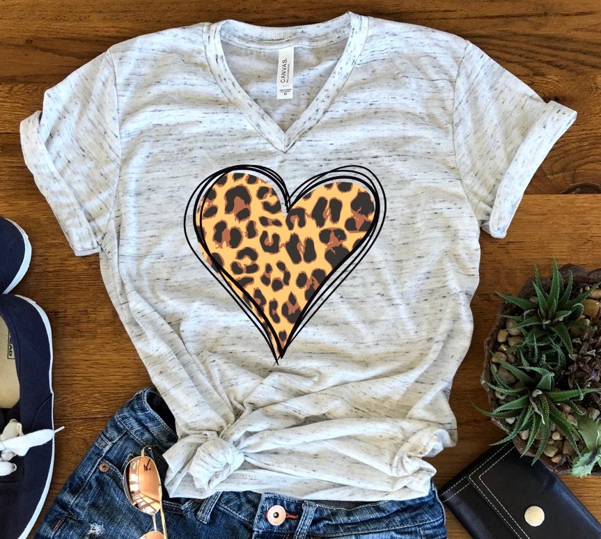 Leopard Heart Valentines Hearts Valentine&#39;s Day Unisex V Neck T-Shirt