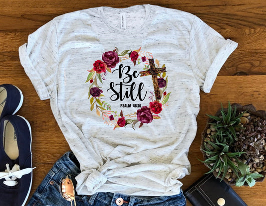 Be Still Psalm 46:10 Floral Wreath Watercolor Unisex Graphic Tee T-Shirt Crew of V neck