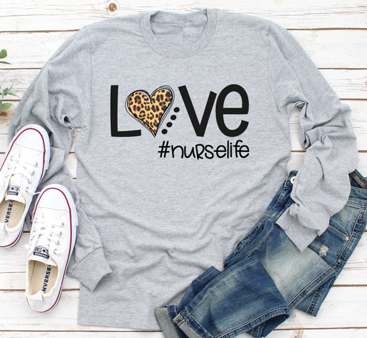 Love Nursing RN Love Nurse Leopard Print Novelty Long Sleeve Shirt