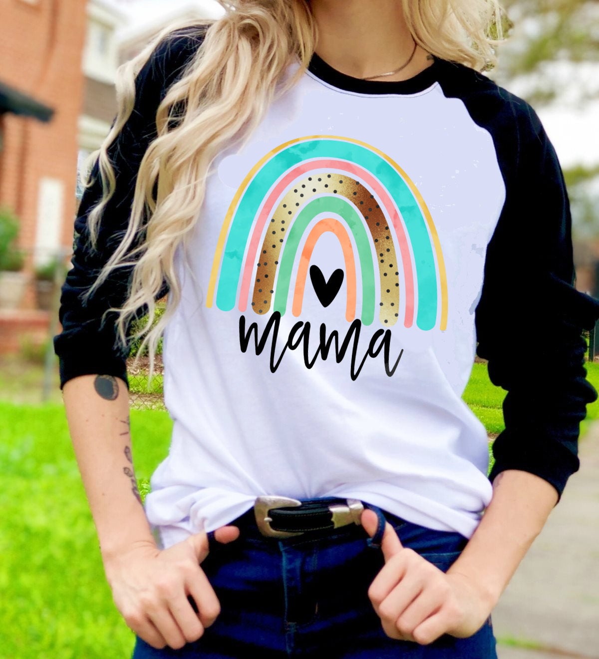 Dot Rainbow Mama Mom Mother Watercolor Graphic Tee Raglan Shirt