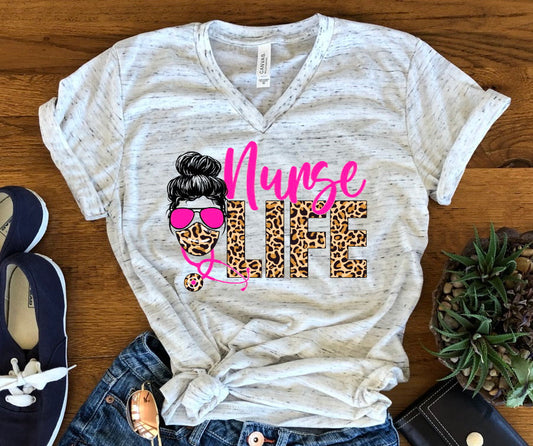 Nurse Life Leopard Print Nurse Nursing RN Unisex Graphic Tee T-Shirt Crew of V Neck