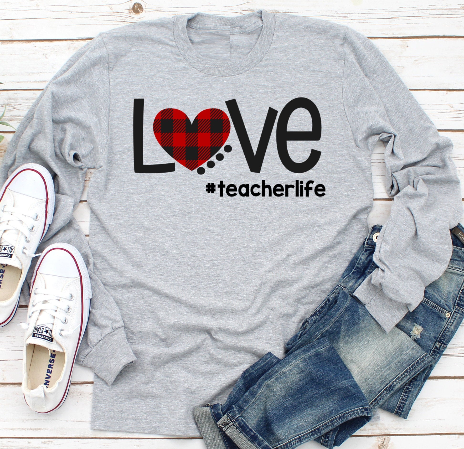 Love Teacher Life Buffalo Plaid Heart Teacher  Adult Kids Toddler Long Sleeve Shirt
