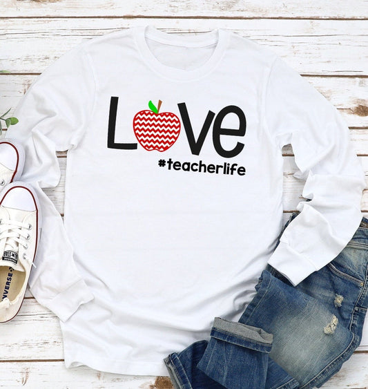 Love Teacher Life Chevron HeartTeacher Adult Short or Long Sleeve Shirt