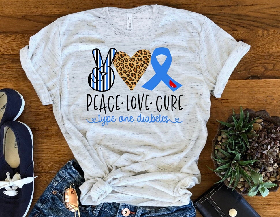 Peace Love Cure Diabetes Type 1 Awareness Bella Unisex Crew or V Neck T-Shirt