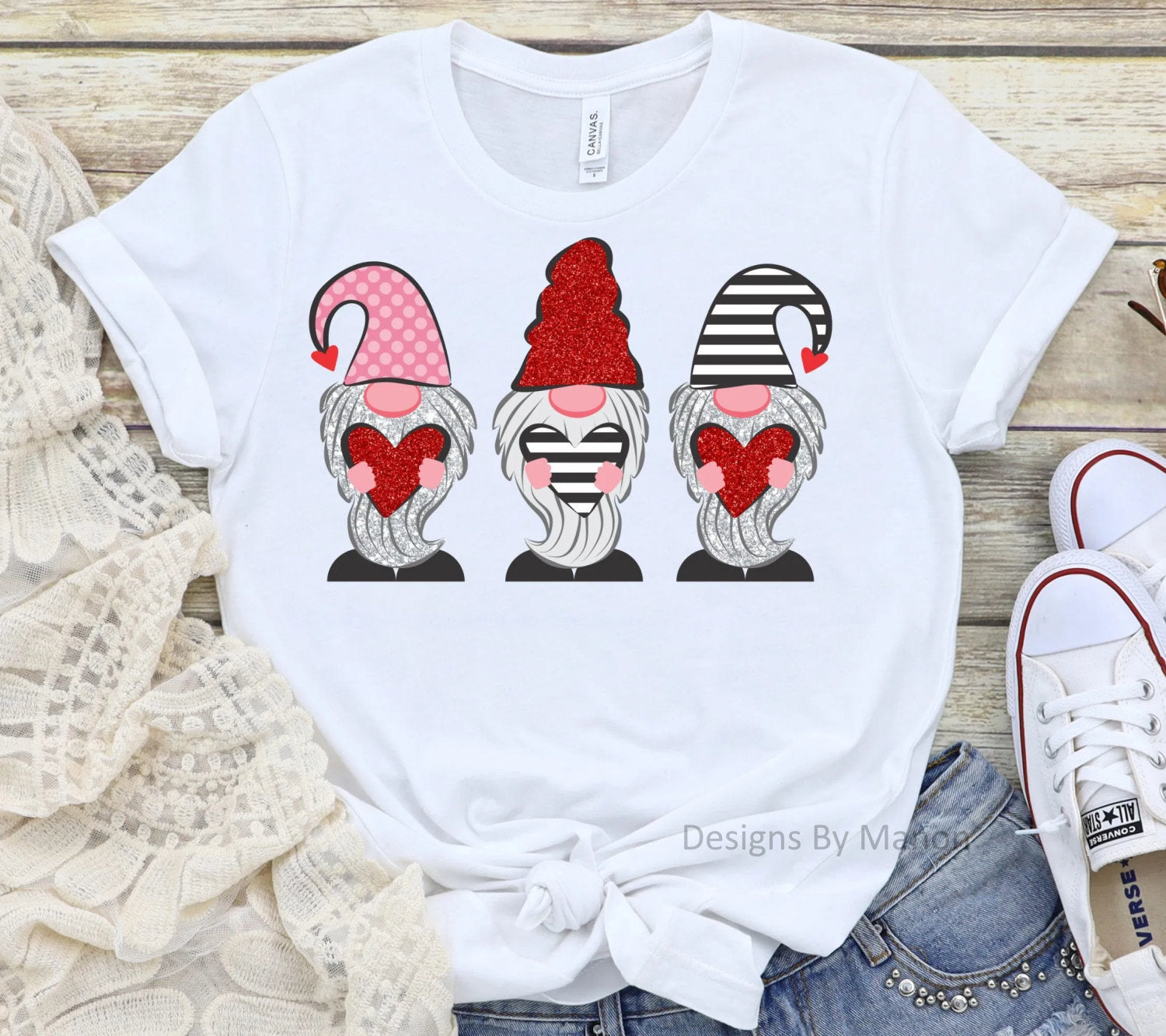 Valentines Red and Pink Gnomes Hearts Valentine&#39;s Day Gnome Novelty T-Shirt