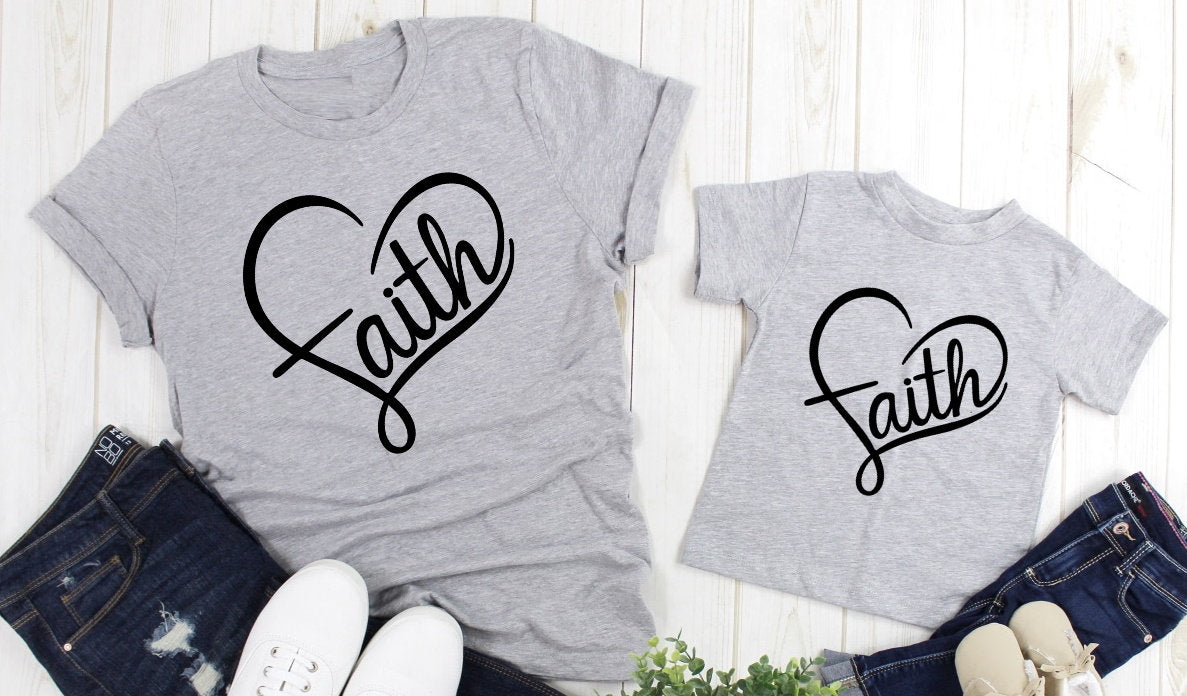 Faith Heart, Christian Shirt, Mommy and Me, Heart Adult Kids Toddler Baby Shirt