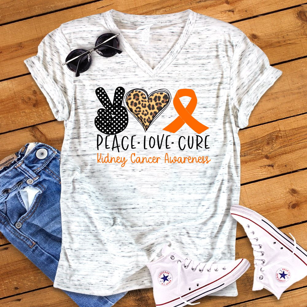Peace Love Cure Kidney Cancer Awareness Bella Unisex V Neck T-Shirt