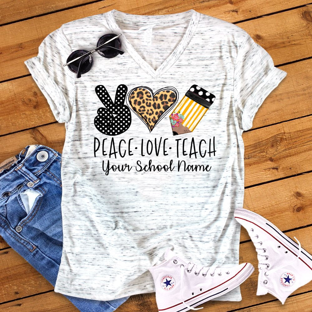 Peace Love Teach Personalized Inspirational  Teacher Unisex V Neck Graphic Tee T-Shirt