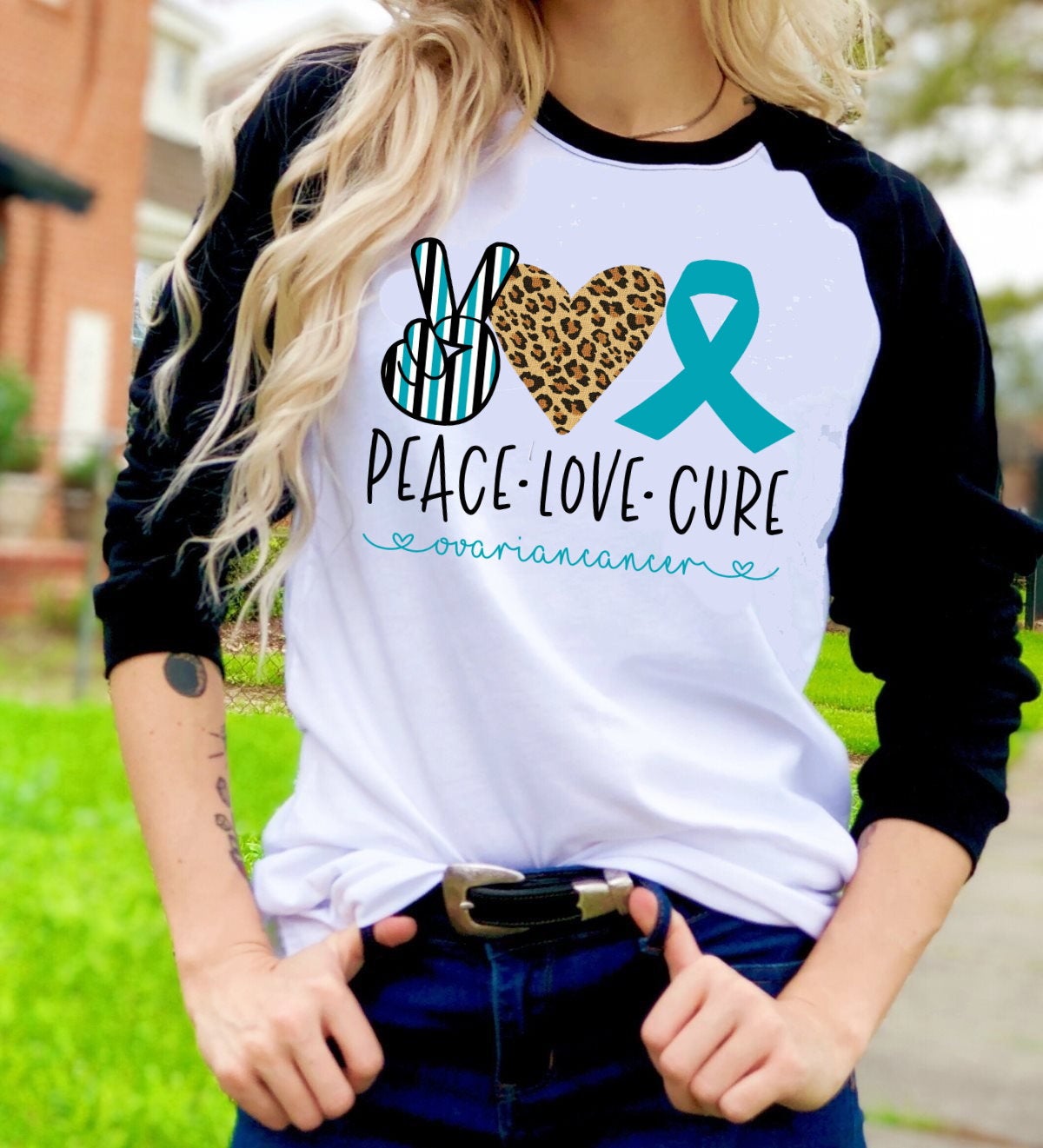 Peace Love Cure Ovarian Cancer Awareness Adult Kids Toddler Baby Shirt Tee Raglan shirt