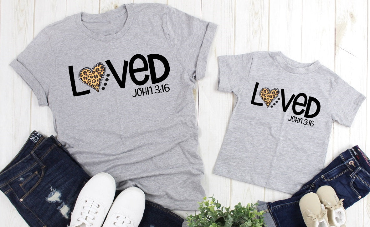 Loved John 3:16 Chirstian Love Leopard Print Heart Adult Kids Toddler Baby Shirt