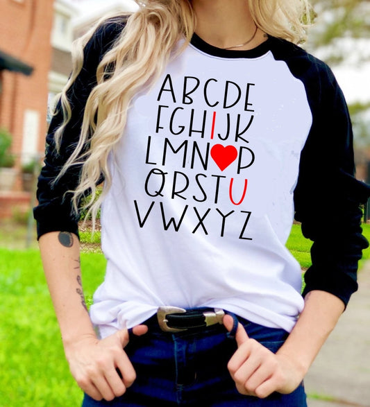 Valentines I Love You Alphabet Hearts Valentine&#39;s Day Tee Raglan shirt