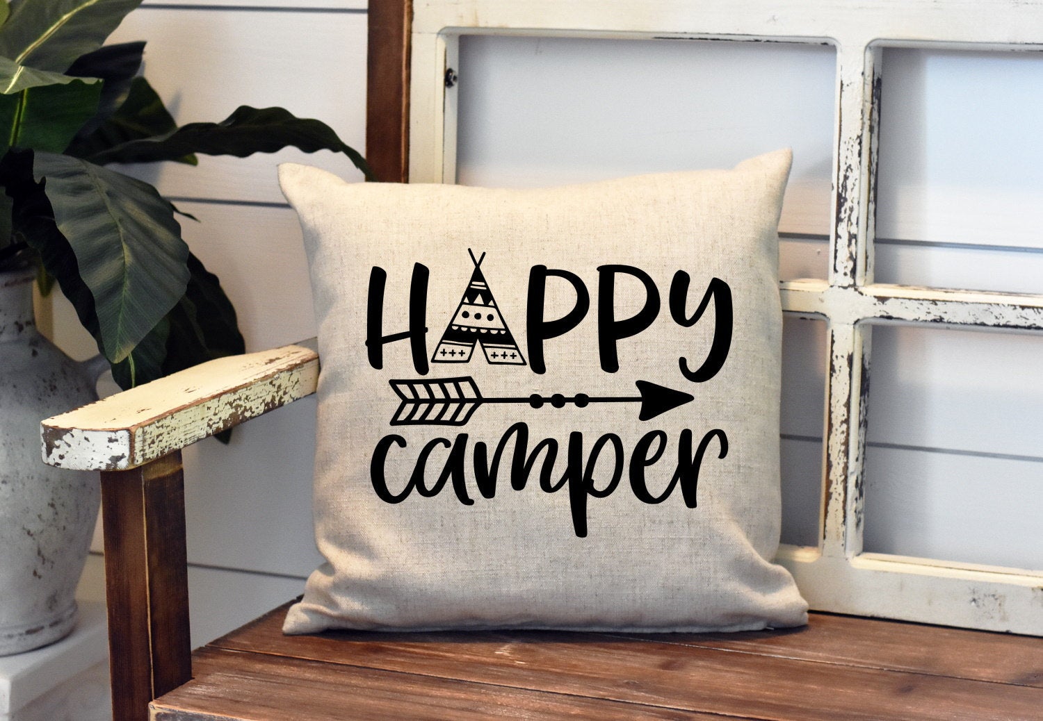 Happy Camper Arrow Pillow Cover - Camp Travel Trailer - Camping RV Farmhouse Decor Throw Pillow Cover
