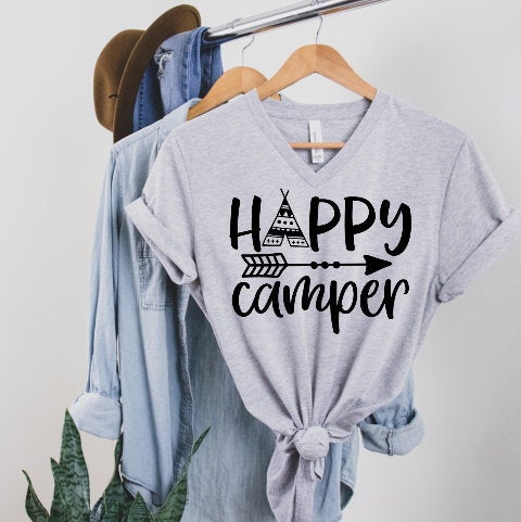 Happy Camper Arrow Camping RV Glamping Unisex V Neck Graphic Tee T-Shirt